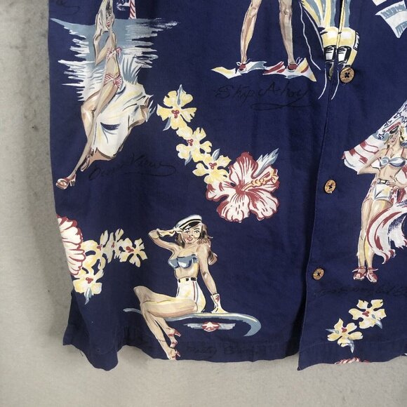 Vintage Hawaiian Shirt Mens 2X Blue Pinup Girls Retro Beach Bikinis Sailors - Picture 12 of 16